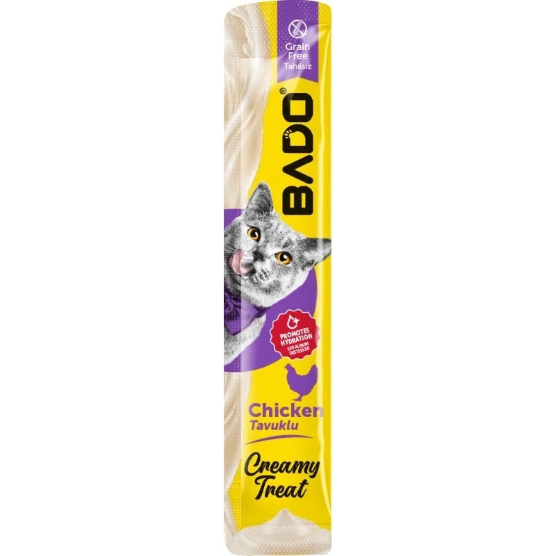 Plic de 15g cu gustare cremoasă Bado pentru pisici, snack premium fără cereale cu pui pentru vitalitate și hidratare.