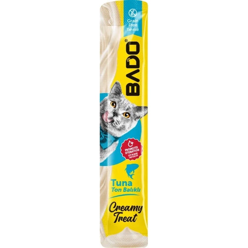 Plic de 15g cu gustare cremoasă Bado pentru pisici, snack premium fără cereale cu ton pentru imunitate și digestie ușoară.