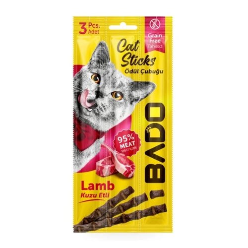 Pachet cu 3 batoane tip sticks Bado pentru pisici, gustare premium cu 95% carne de miel, fără cereale, ideală pentru răsfăț sau dresaj.